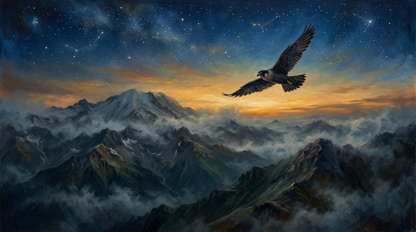 A solitary falcon soaring through twilight clouds toward a luminous star-filled sky over mountain peaks.