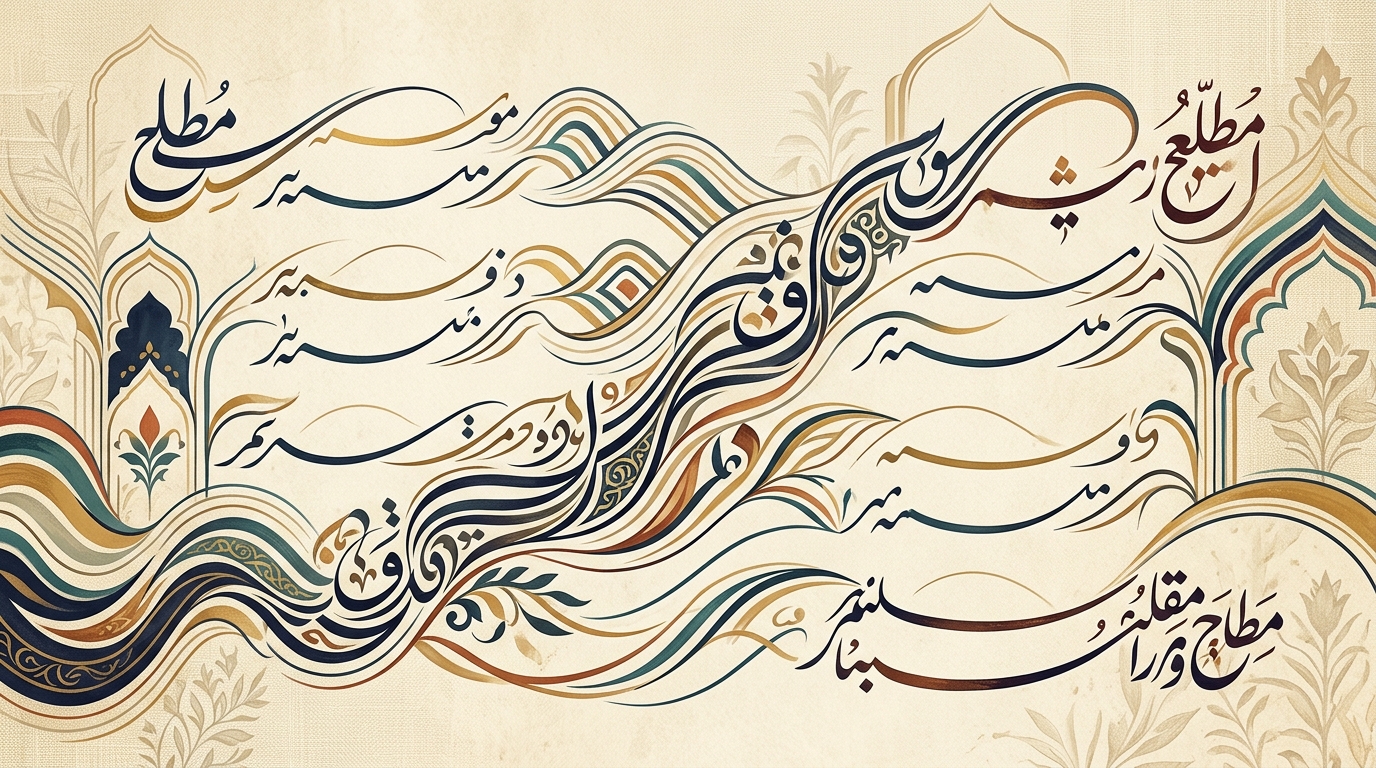 An artistic representation of ghazal structure, showing interconnected lines forming a poem, symbolizing Radeef, Qaafiya, Matla, and Maqta for a beginner's guide to Urdu poetry.