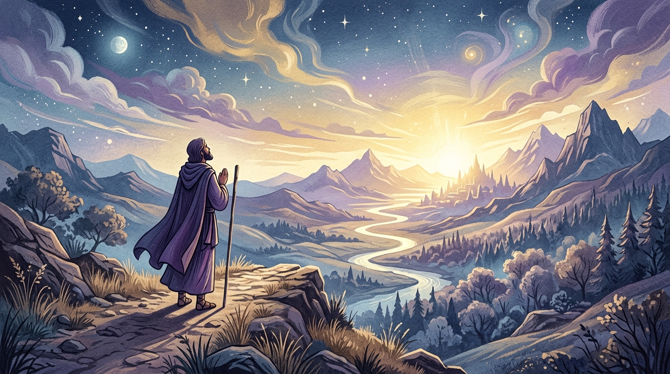 An illustration of a solitary figure longing for a divine presence, surrounded by a mystical and serene landscape.