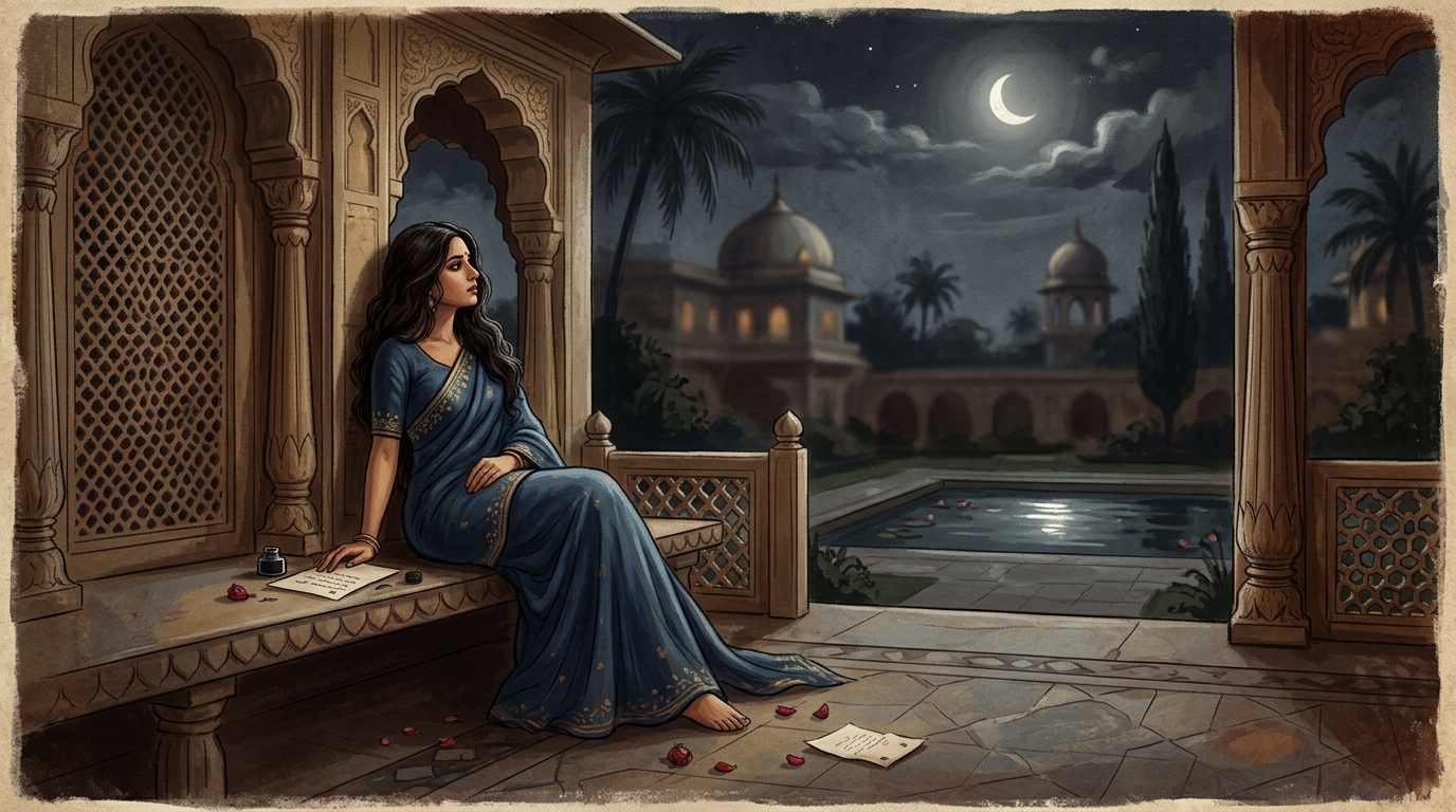 An illustration of a solitary figure in a melancholic pose, surrounded by elements evoking longing and separation in a traditional Indian setting, such as a moonlit garden with a wilted flower, under a soft, dark sky.