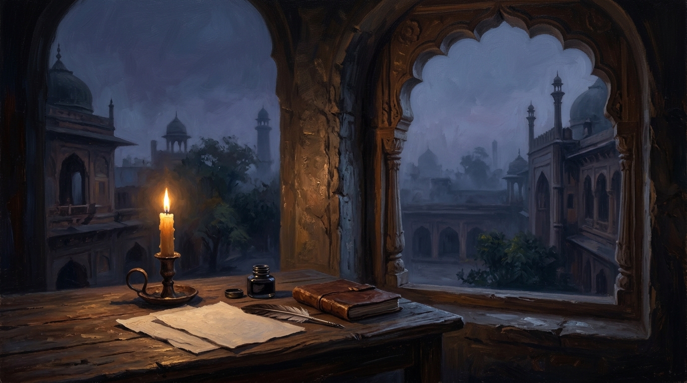 An evocative painting of a solitary candle and parchment on a desk in nineteenth-century Delhi at dusk