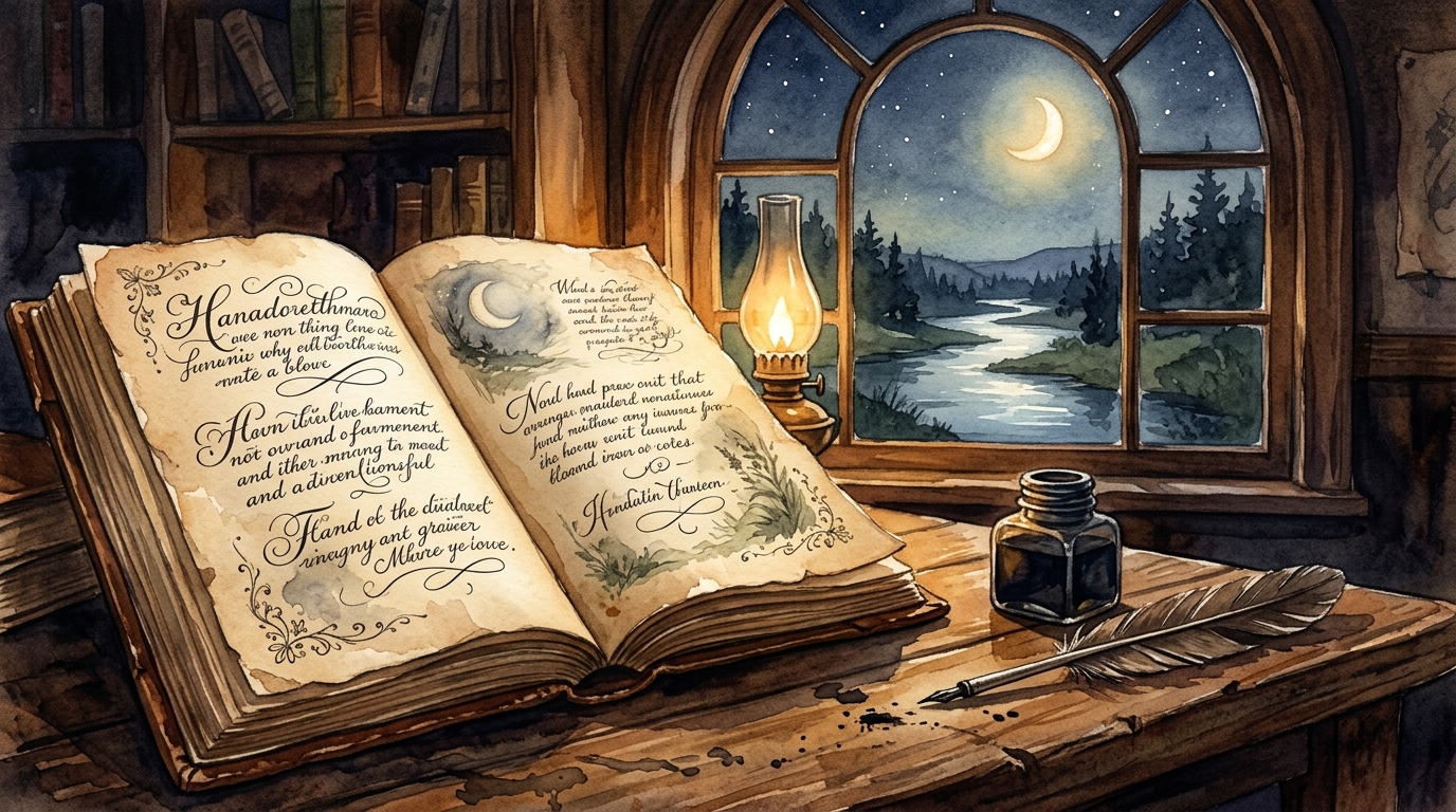 An editorial watercolor illustration of an open poetry manuscript and inkwell in a quiet, moonlit study overlooking a river.