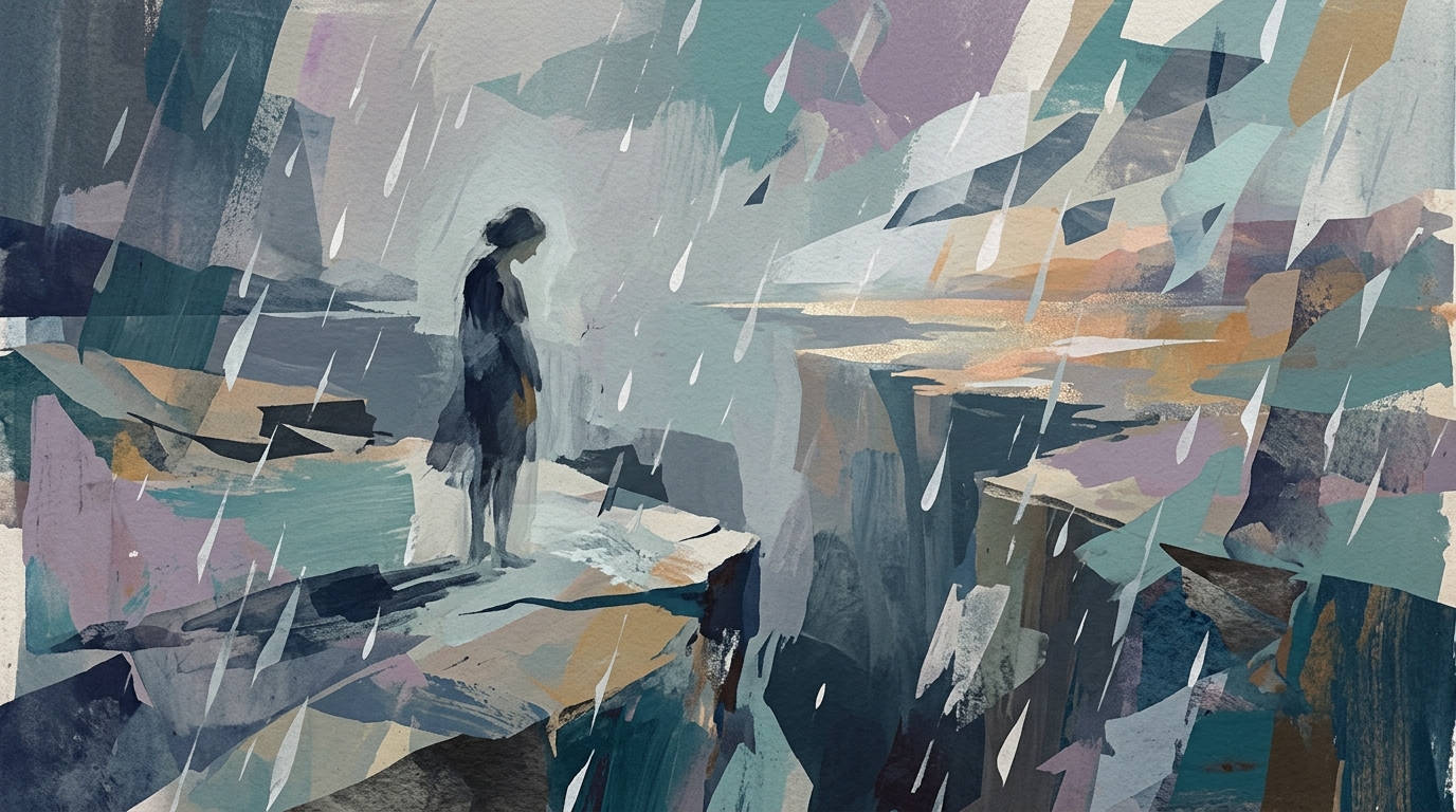 An abstract illustration symbolizing heartbreak and separation, with a lone figure in a melancholic landscape.