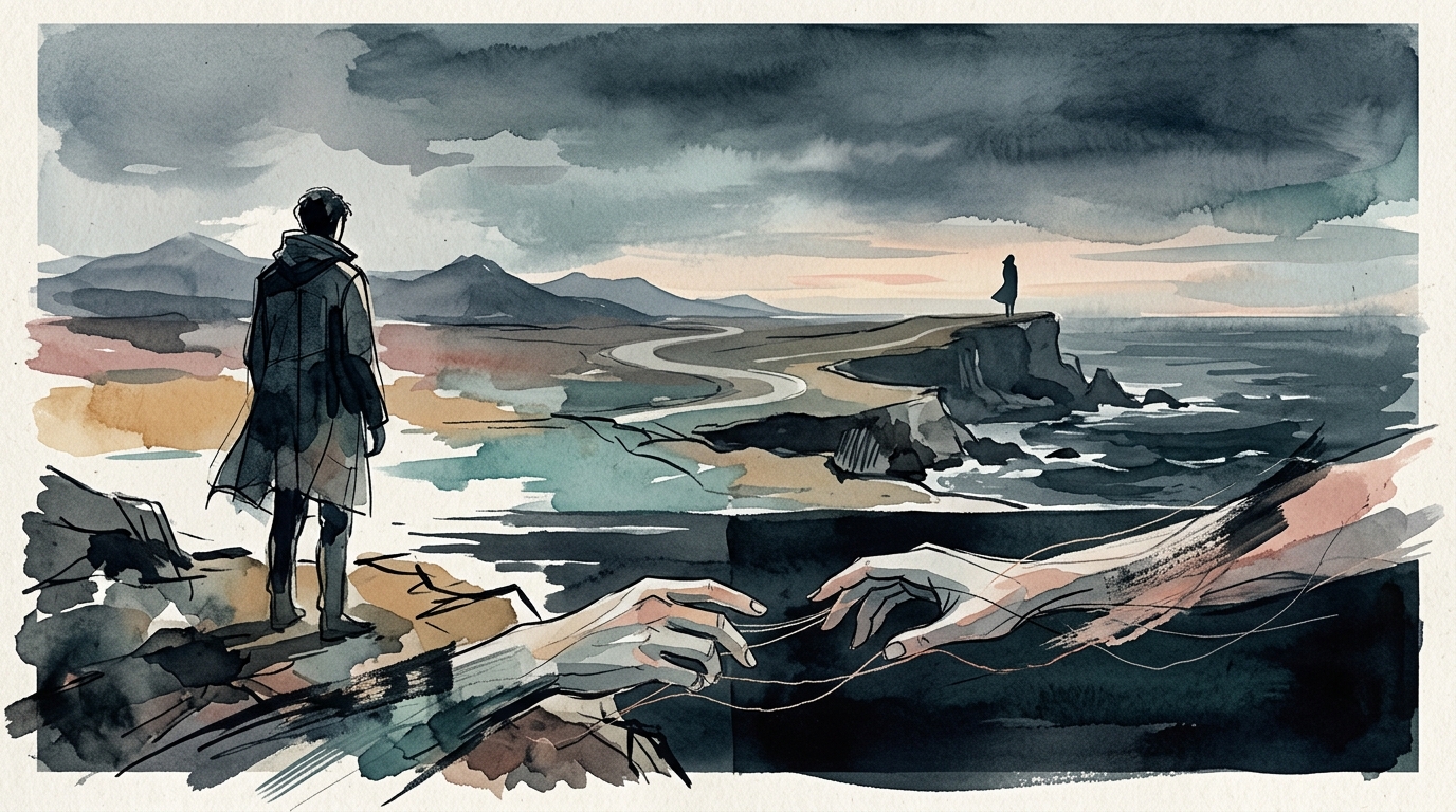 An abstract illustration symbolizing heartbreak and separation, using soft, melancholic colors and imagery like a distant horizon or slowly parting hands.