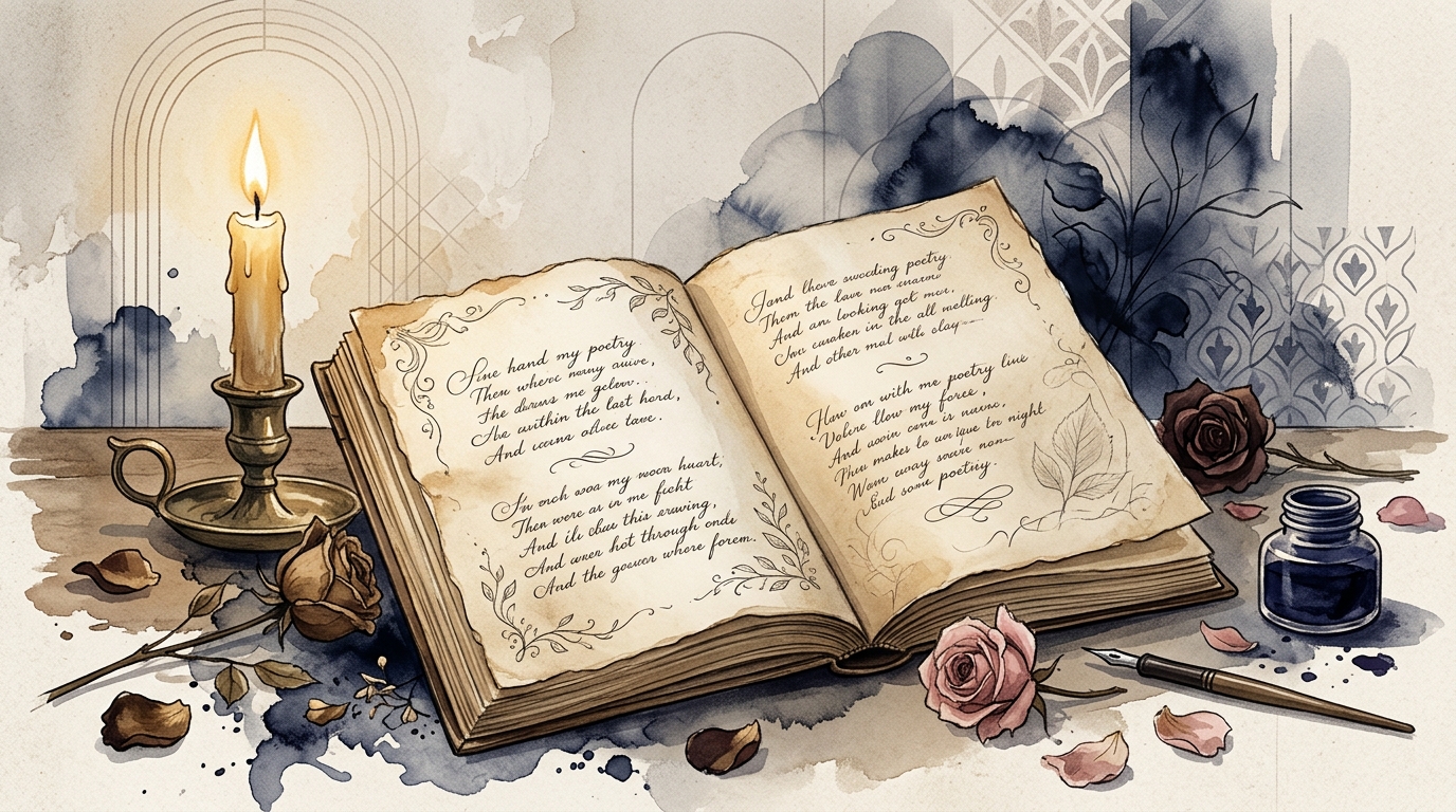 Artistic illustration of a candlelit classical poetry manuscript with ink wash and subtle cultural motifs representing Urdu ghazal poetry