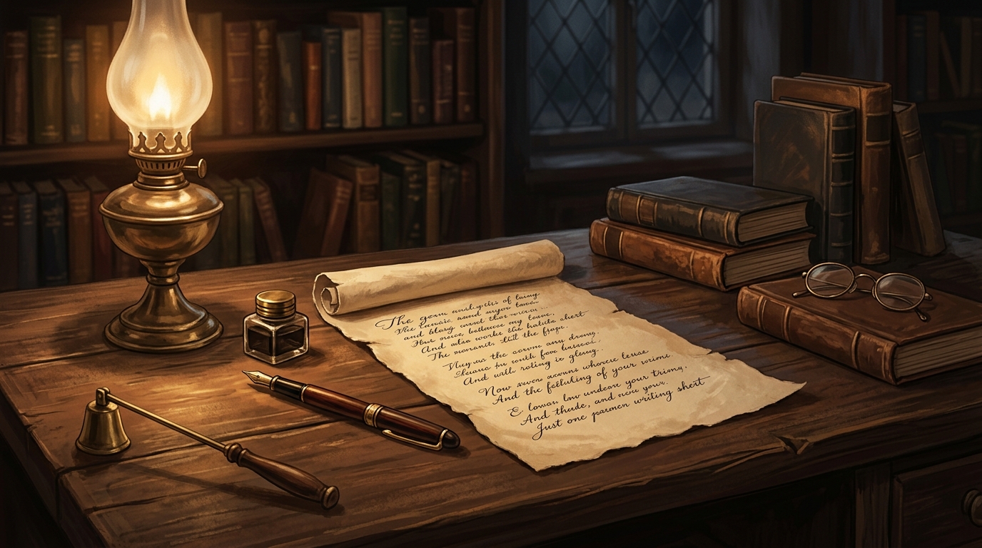 An editorial illustration of an antique writing desk with parchment and warm lamplight representing the study of Urdu poetry.