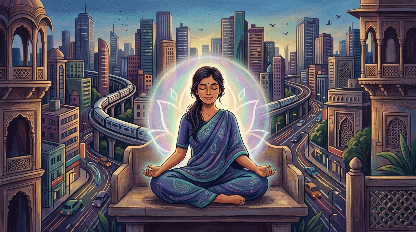 An illustration of a calm figure finding peace in a busy modern setting, inspired by Kabir's teachings on inner tranquility and self-reflection.