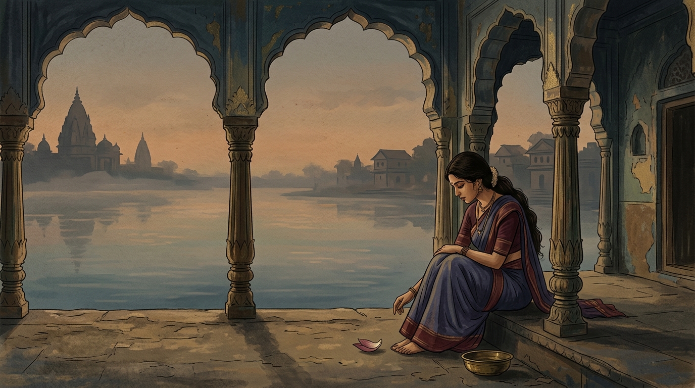 An illustration symbolizing delicate heartbreak, showing a pensive figure in a garden, with elements of classical South Asian art and nature, evoking the mood of Mir Taqi Mir's poetry.