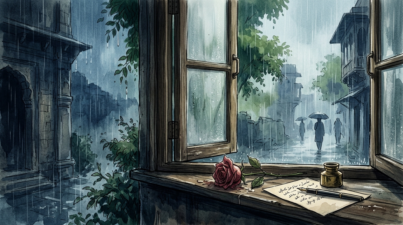 An artistic illustration capturing the melancholic beauty of monsoon rain outside an old window, evoking themes of longing and memory in ghazal poetry.