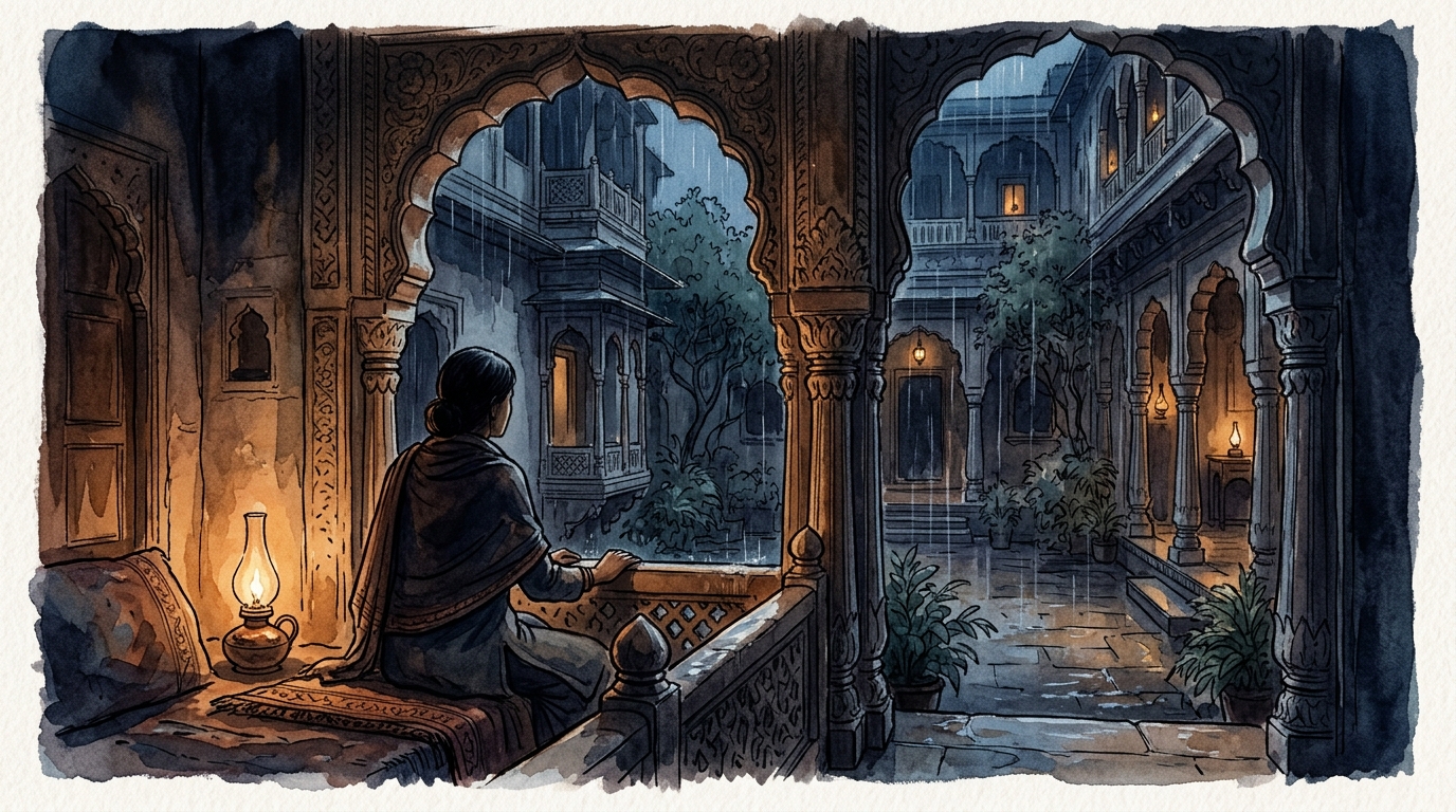 Atmospheric editorial illustration of a solitary figure by an archway overlooking a rainy courtyard reflecting melancholic separation.