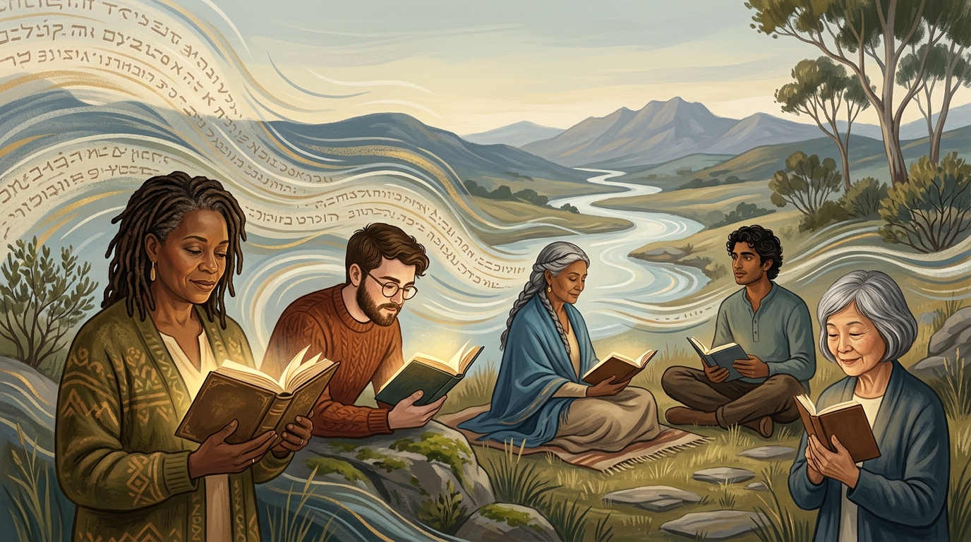 Illustration of diverse individuals peacefully reading poetry for spiritual healing, representing the timeless wisdom of Kabir, Bulleh Shah, and Tagore.