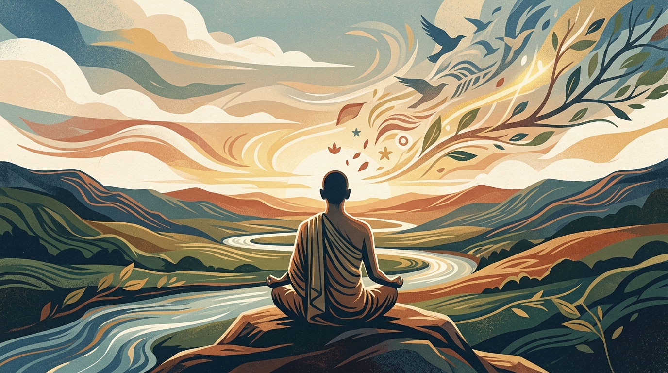 An illustration symbolizing Rabindranath Tagore's poetic themes of devotion, nature's beauty, and the pursuit of inner freedom.