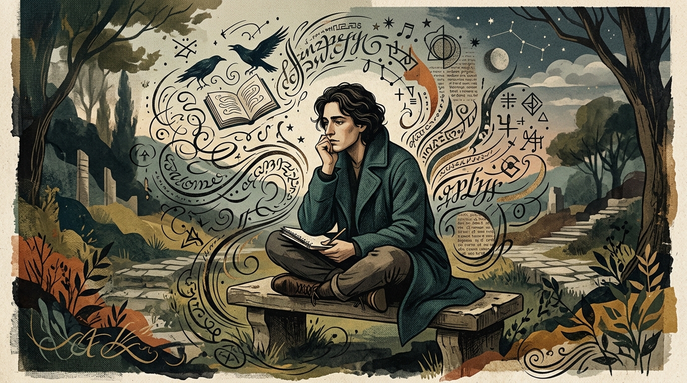 An illustration of a person contemplating Ghalib's poetry, surrounded by abstract swirling Urdu script and philosophical symbols, depicting the complexity and depth of his ghazals.