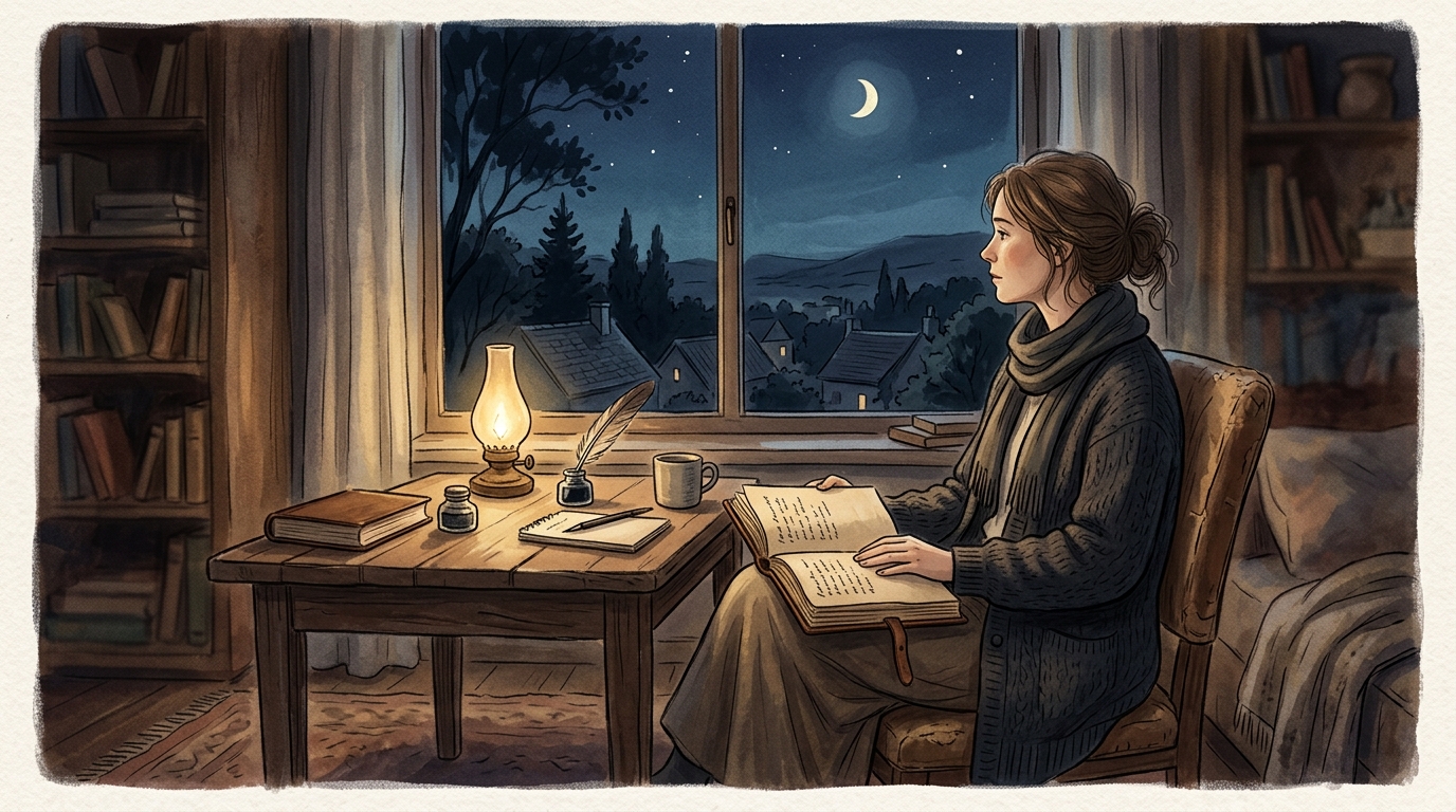 An illustration of a person sitting alone in a quiet room at night, looking reflective, with subtle hints of poetry, conveying introspection and thoughtful solitude.