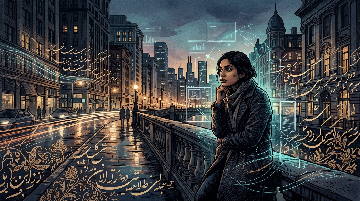 An illustration of a person contemplating in a modern city with subtle traditional ghazal calligraphy, representing timeless emotions in the digital age.